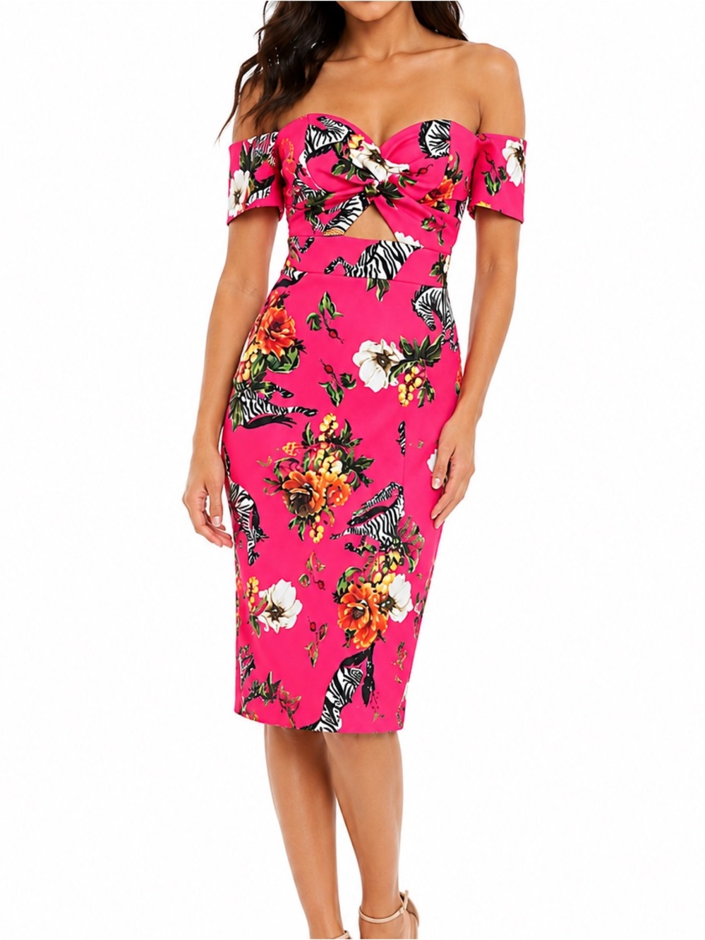 River Island Floral Zebra Dress Off Shoulder Bodycon Maximalist Vacation Plus 18